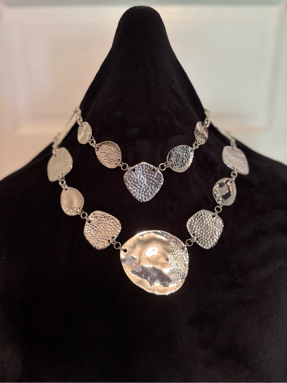 Chico's Hammered Silver Disc Multi-Strand Statement Necklace